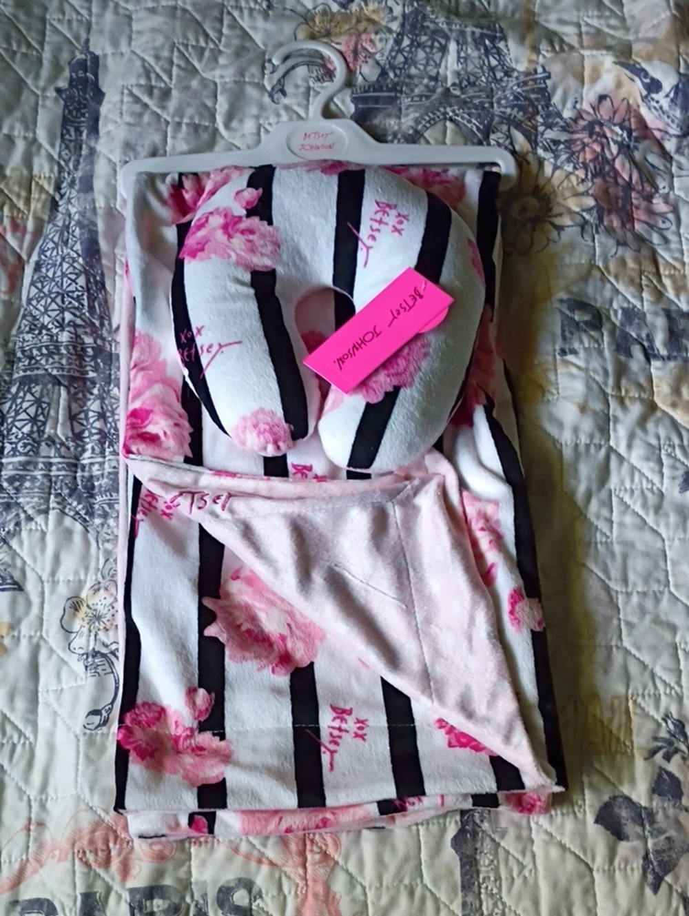 Betsey Johnson Pink Floral & Black Stripe Baby Neck Pillow and Blanket Set